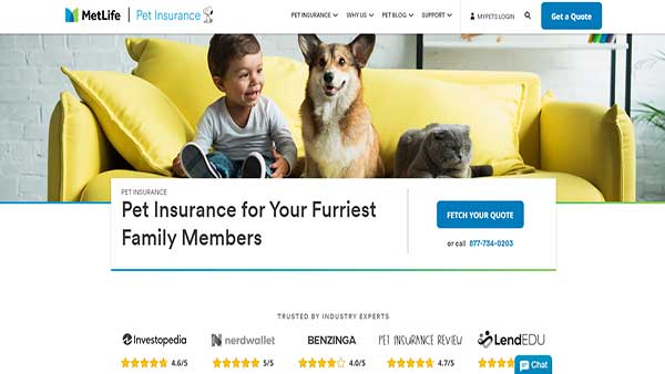 Homepage image of the website MetLife Pet Insurance 