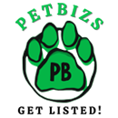 PETBIZS LOGO - A green-colored Paw in the circle. The short form of petbizs (PB) is written in the center. Under the paw tag slogan "Get Listed" is written.