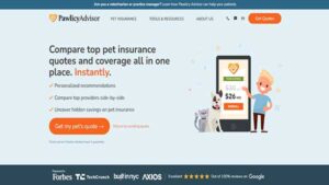 Homepage image of the Pet Insurance compay Pawlicy Advisor. The website is similar to Odie Pet Insurance 