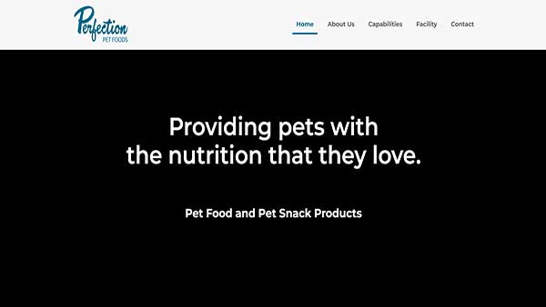 Homepage image of the website Perfection Pet Food-a company that sells pet food and pet snack products. 