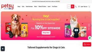 Homepage image of the Petsy-an oline pet store. The website is similar to BearHugs