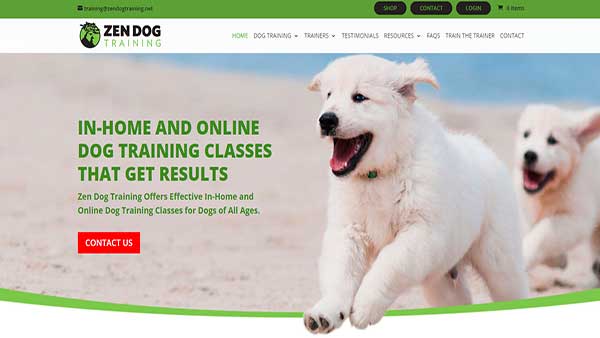 Home page image of the pet training website Zen Dog Training