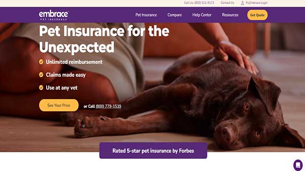 Homepage image of the website Embrace Pet insurance 