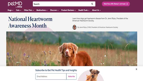 Home Page image of the website PetMD- a project of chewy.com. PetMD offers Pet Health & Care information.