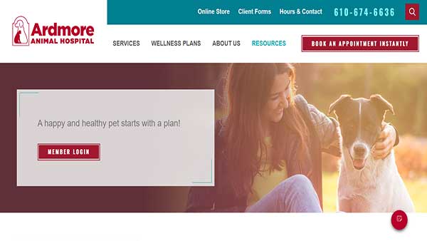 Home Page image of the pet health website Ardmore Animal Hospital. The hospitals offers Pet Health & Care services.