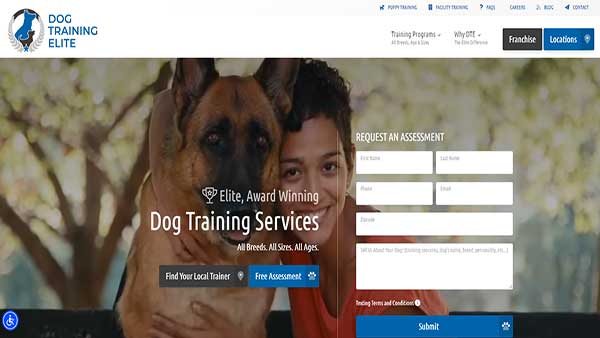 Home page image of the pet training website Dog Training College