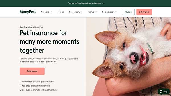 Home Page image of the Pet Insurance Company ManyPets. The company offers comprehensive insurance plans for dogs and cats.