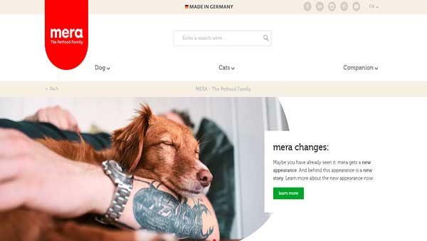 Home page image of the pet food website Mera-The PetFood Family 