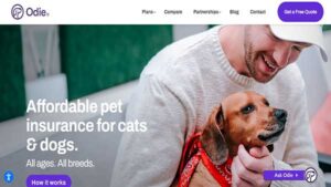 Home Page Image of the Pet Insurance Website Odie. The website is similar to ManyPets and offers insurance plans for dogs and cats 