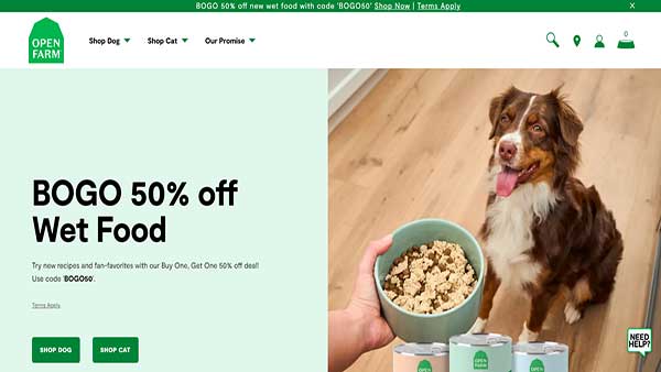 Home Page image of the pet food website Open Farm