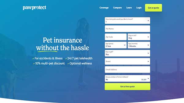 Home page image of the Pet Insurance website Pawprotect
