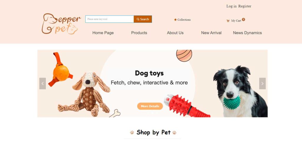 Home page image of the e-commerce pet website Pepper Pet