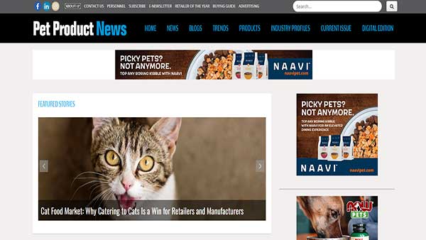 Home Page image of the pet content website Pet Product News