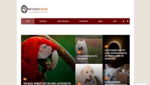 Homepage Image of the pet content website The Flock House. The website covers topics like dog breeds, cat and dog behaviors, interesting facts about pets, and general pet care information.