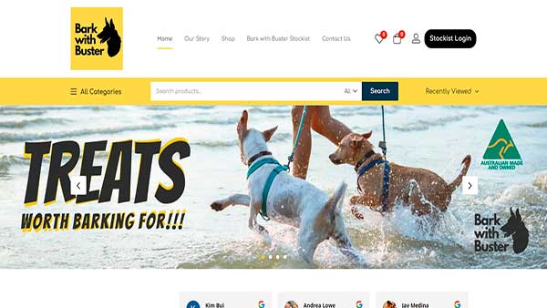 Homepage image of the website Bark with Buster. This pet business deals in organic dog food.