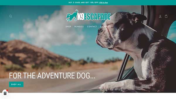 HOme page image of the Pet Accessories website K9ESCAPADE