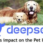 DeepSeek: Know its Impacts on the Pet Industry – A promotional image featuring the DeepSeek logo, a blue whale icon, overlaid on a background of two Golden Retrievers relaxing on green grass. The image highlights DeepSeek's role in transforming the pet industry.