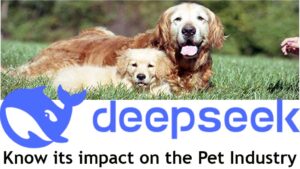 DeepSeek: Know its Impacts on the Pet Industry – A promotional image featuring the DeepSeek logo, a blue whale icon, overlaid on a background of two Golden Retrievers relaxing on green grass. The image highlights DeepSeek's role in transforming the pet industry.