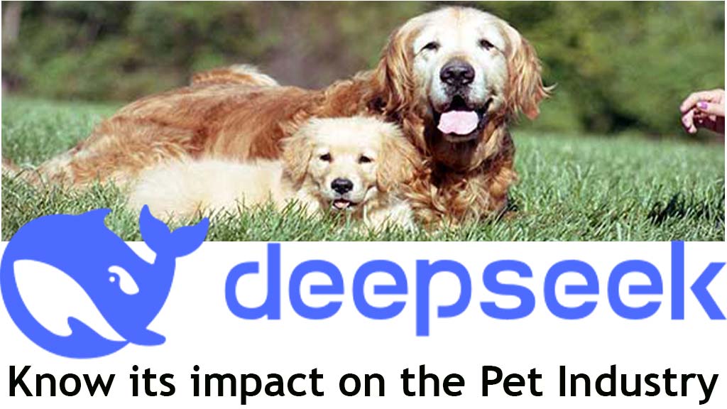 DeepSeek: Know its Impacts on the Pet Industry – A promotional image featuring the DeepSeek logo, a blue whale icon, overlaid on a background of two Golden Retrievers relaxing on green grass. The image highlights DeepSeek's role in transforming the pet industry.