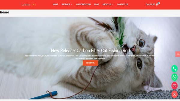 Labitto is a Premium pet Accessories manufacturer. The image is of their website's homepage showing a menu bar and a large cat.