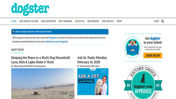 Homepage image of Dogster. The website is at top among the top dog websites in 2025