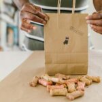 A man wearing an apron is packaging homemade dog treats into a brown paper bag labeled "Thank You," featuring a small dog sticker. The treats, shaped like bones, come in natural beige, pink, and light brown colors, suggesting organic ingredients. The scene is set on a craft-style workspace with a rustic aesthetic, enhancing the homemade appeal. This image represents Easy Organic Dog Treats Recipes, showcasing DIY, healthy pet snacks made with simple, wholesome ingredients.