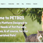 Screenshot of the PETBIZS homepage - an innovative pet directory. The header features a light green navigation bar with options like 'Categories,' 'Business Intros,' 'Submit,' 'Blog,' 'Vet Directory,' and 'Contact Us.' The PETBIZS logo, displaying a green paw print with 'PB' inside, is on the left. The main banner has a background image of a happy golden retriever and a tabby cat walking together on a grassy field. The text overlay reads: 'Welcome to PETBIZS – An Exclusive Platform Designed to Cater to the Needs of Pet Parents, Pet Businesses, & of course, for Our Cherished Pets!' On the right, there are social media sharing buttons for LinkedIn, Facebook, Twitter, and WhatsApp. A WhatsApp chat icon in the bottom right corner invites users to start a conversation for assistance.