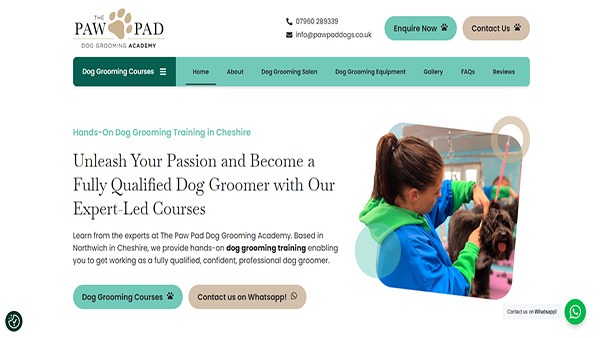 Homepage image of the website, THE PAW PAD - Dog Grooming Academy. This dog grooming business is the best in Cheshire to get trained as a dog groomer