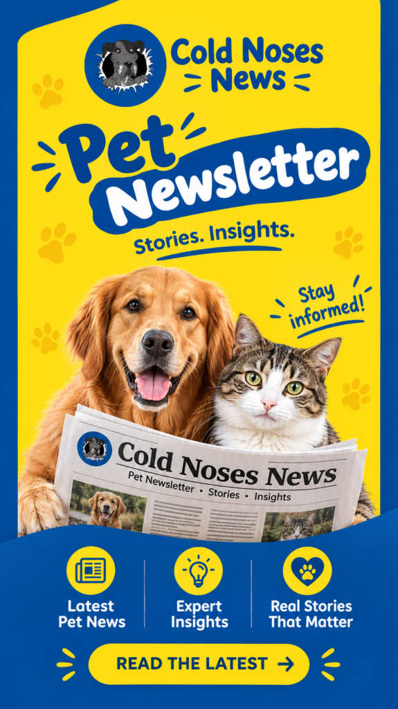 Cold Noses News pet newsletter advertisement featuring a dog and cat, pet news stories, expert insights, and a Read the Latest CTA
