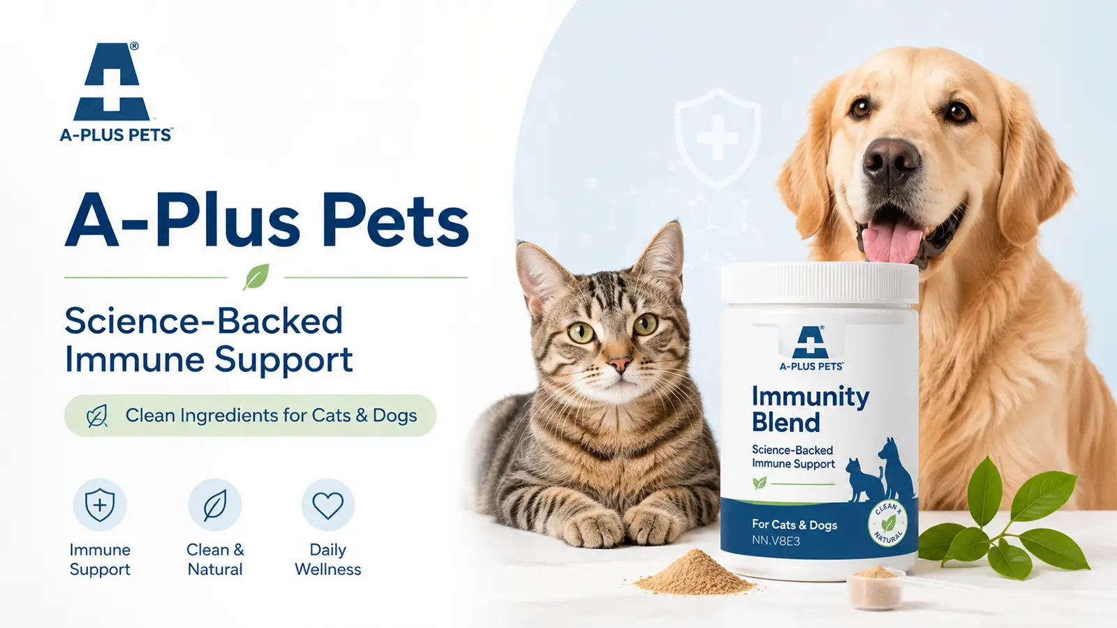 A-Plus Pets immunity supplement beside a tabby cat and Golden Retriever with clean ingredient icons.