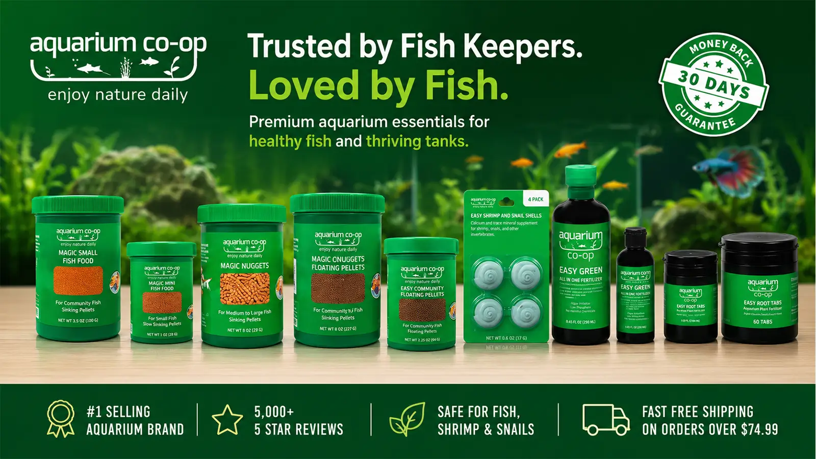 Aquarium Co-Op fish food, fertilizers, and aquarium products before a planted tank.