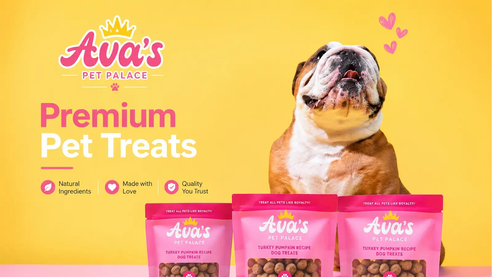 Ava’s Pet Palace premium turkey pumpkin dog treats in pink bags with an English Bulldog on a yellow background.