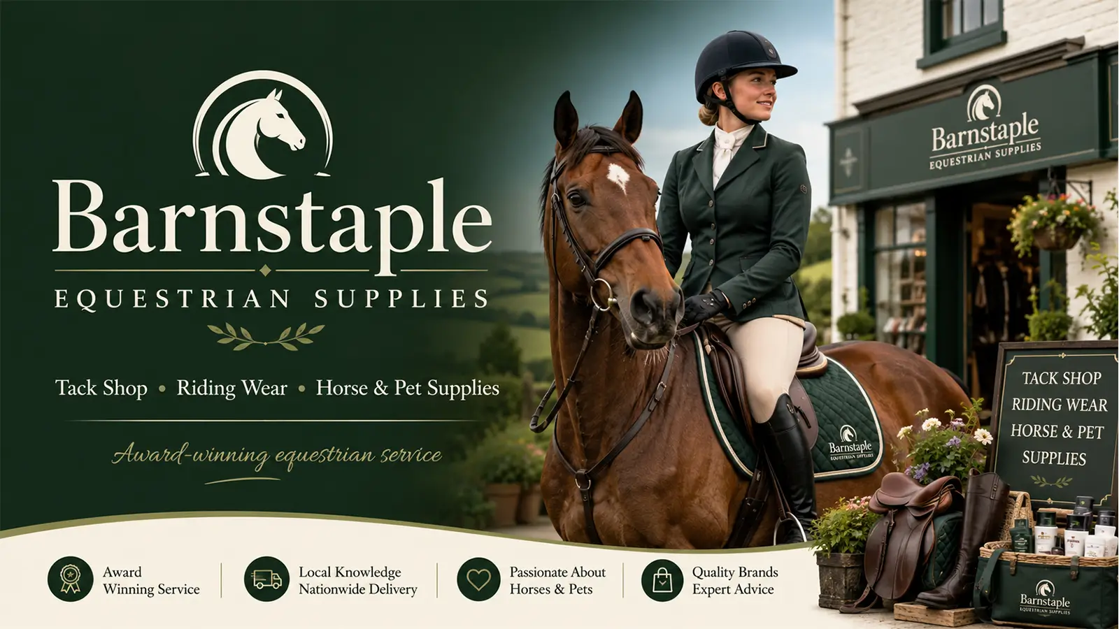 Barnstaple Equestrian Supplies banner with a rider, horse, tack shop, saddles, boots, and pet products.