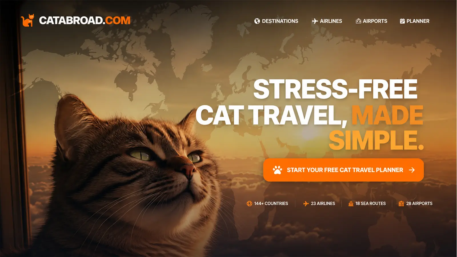 CatAbroad international cat travel planner featuring a tabby cat, world map, airline data, and trip-planning call to action.