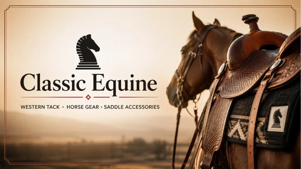 Classic Equine western tack banner featuring a leather saddle and bridled horse.