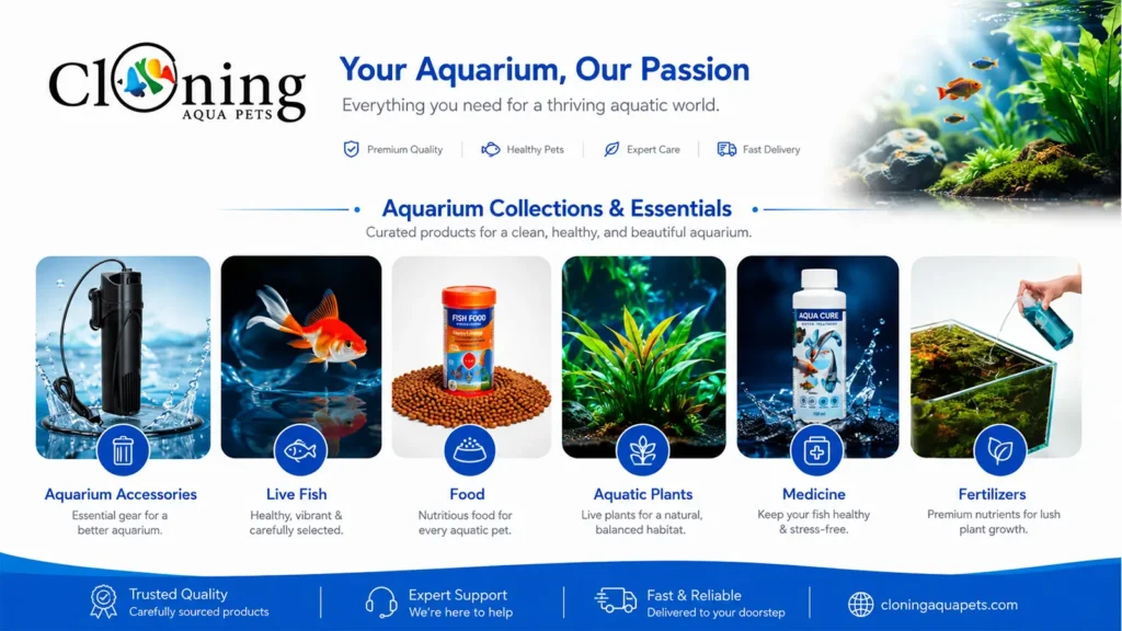 Cloning Aqua Pets banner showing live fish, aquarium plants, food, medicine, and accessories.