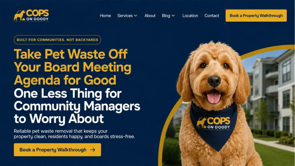 CoPS on Doody commercial pet waste removal website with a Goldendoodle and apartment community walkthrough booking.