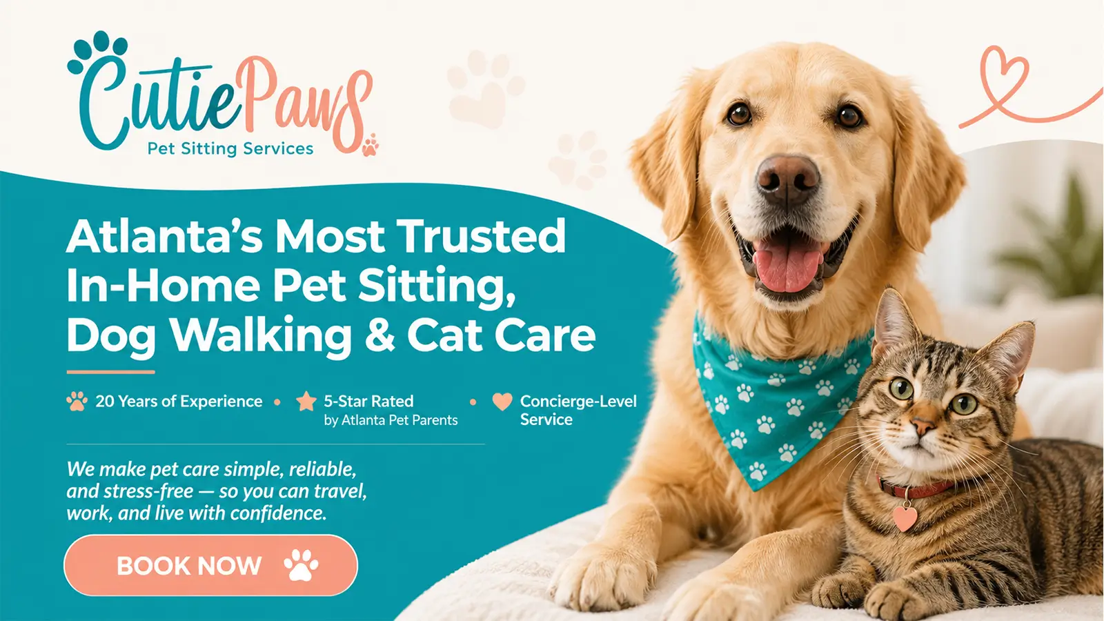 CutiePaws Atlanta pet sitting website with a Golden Retriever and cat promoting in-home care and dog walking.