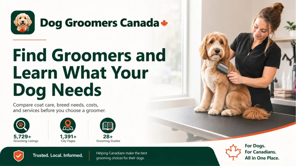Dog Groomers Canada directory with a groomer brushing a doodle and statistics for listings, cities, and grooming guides.