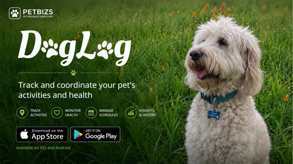 DogLog pet activity tracker app banner featuring a cream dog in a grassy field.