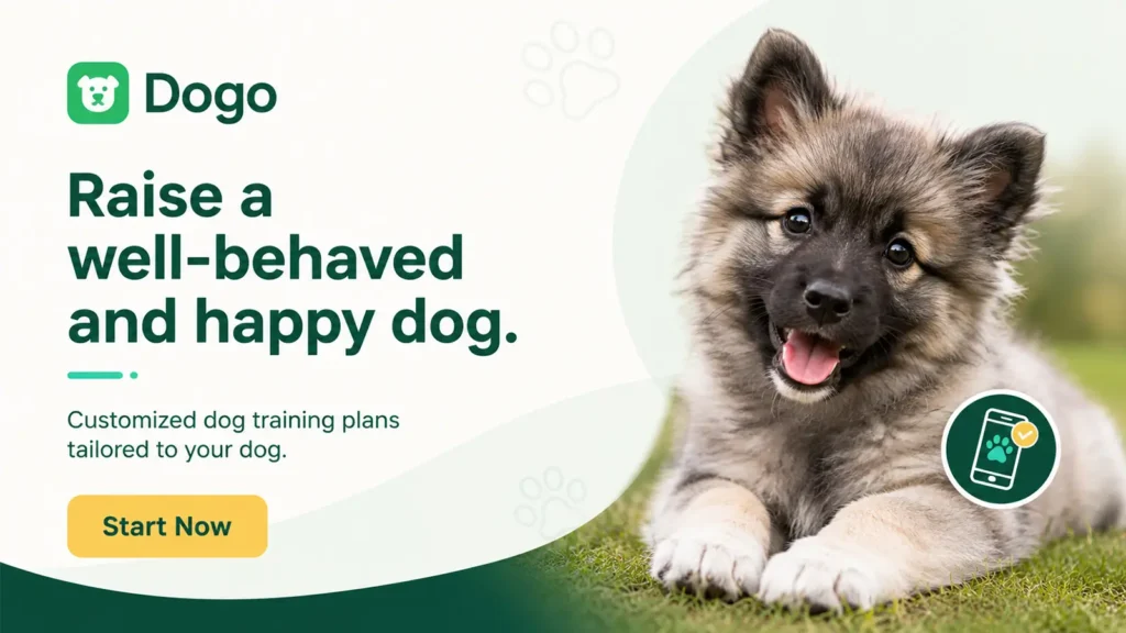 Dogo dog training app banner with a fluffy puppy, customized training plans, and Start Now button.