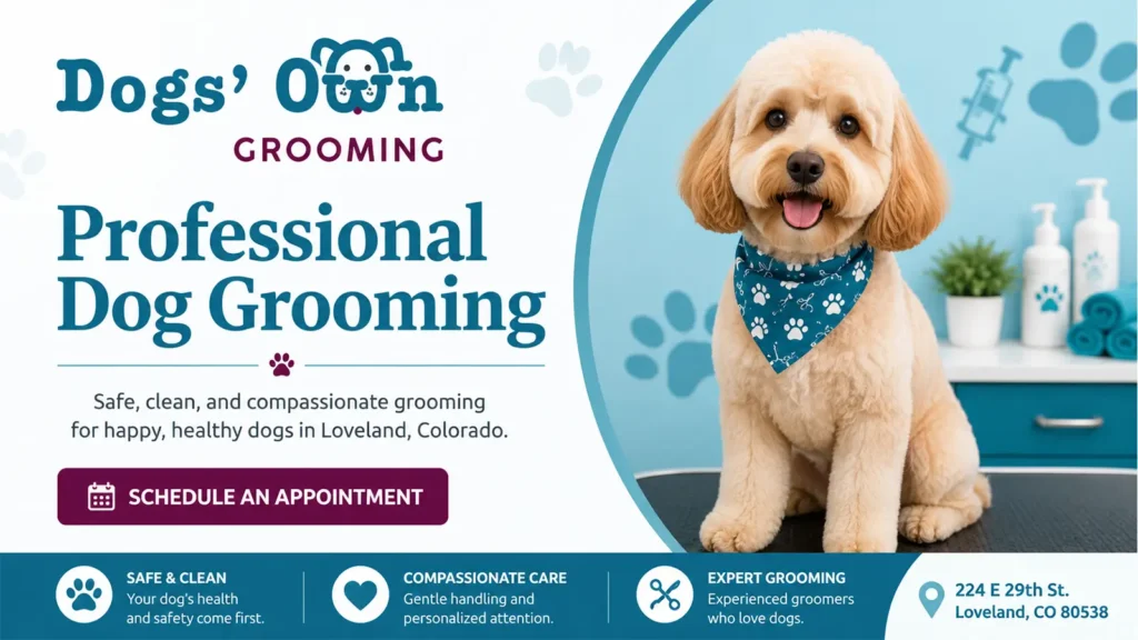 Dogs’ Own Grooming banner with a groomed cream doodle and professional dog grooming services in Loveland.