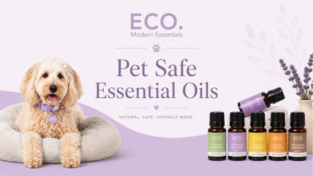 ECO Modern Essentials aromatherapy banner with a cream dog and essential oil bottles.