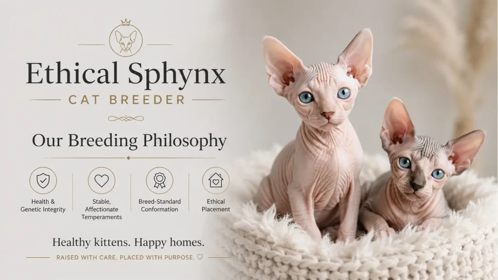 Ethical Sphynx cat breeder banner with two blue-eyed Sphynx cats and health-focused breeding values.