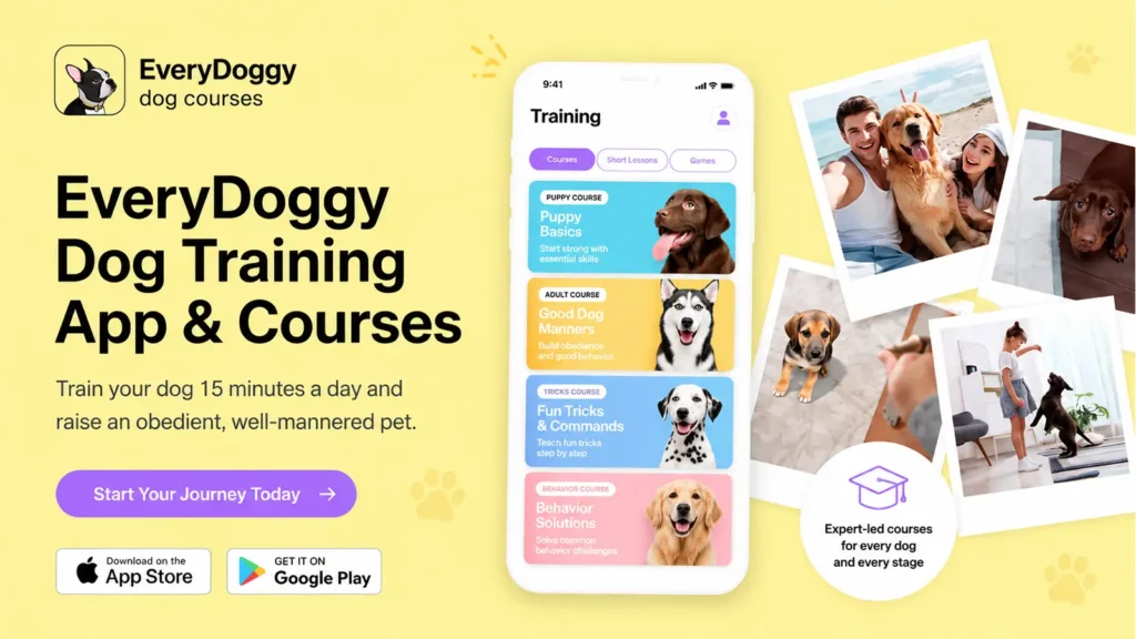 EveryDoggy dog training app displaying puppy, manners, tricks, and behaviour courses