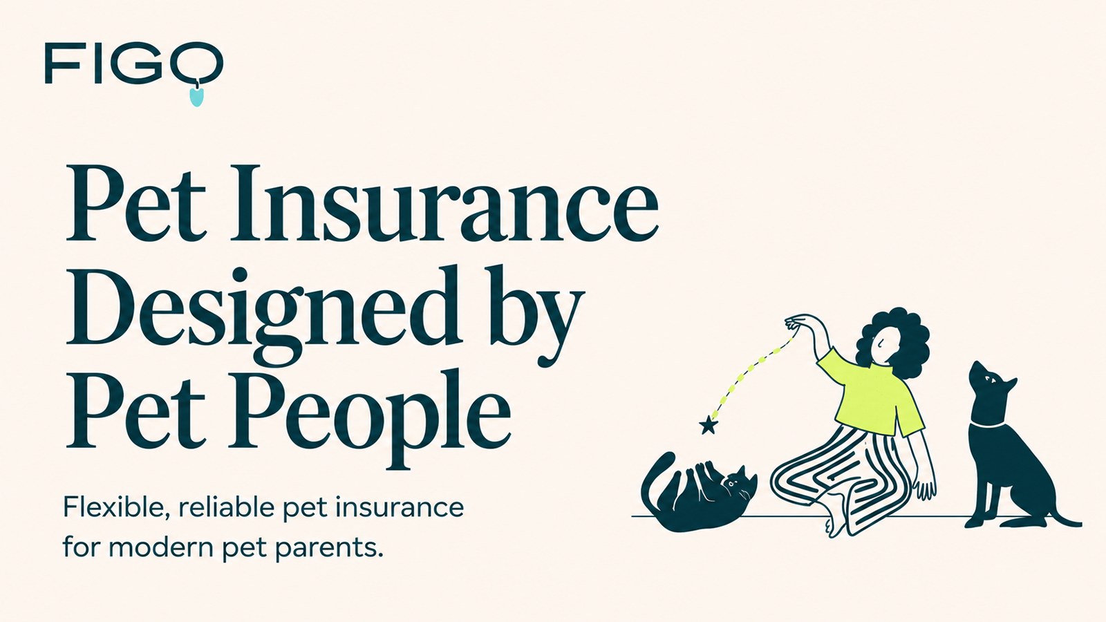 Figo pet insurance banner showing flexible pet insurance for modern pet parents, with illustrated dog and cat care imagery and clean brand messaging.