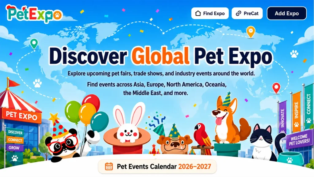 Pet Fair Sea directory banner showing a global pet expo calendar with a world map, colorful pet characters, event icons, and 2026–2027 pet industry trade show details.