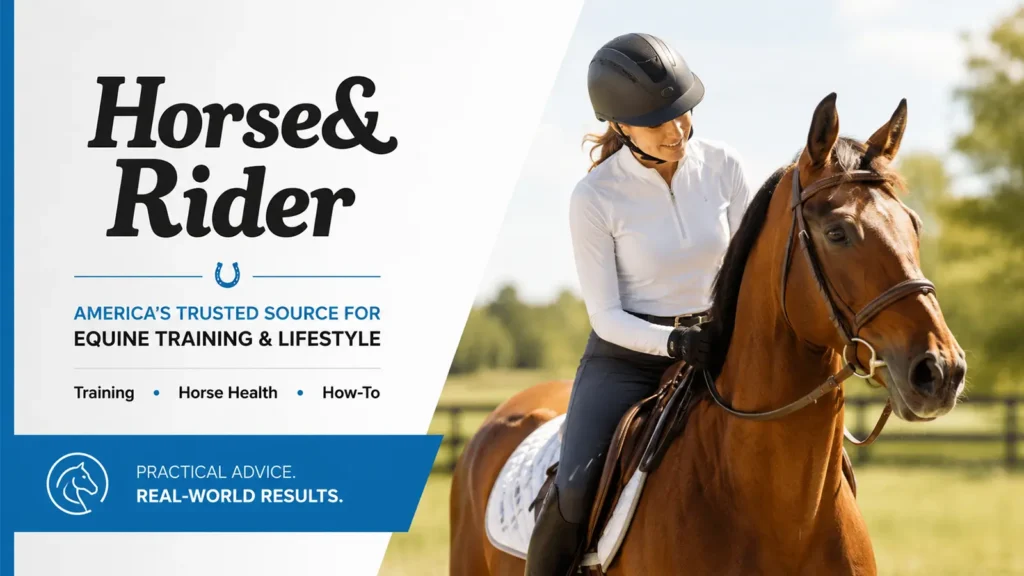 Horse&Rider equine lifestyle banner showing a rider mounted on a bay horse.