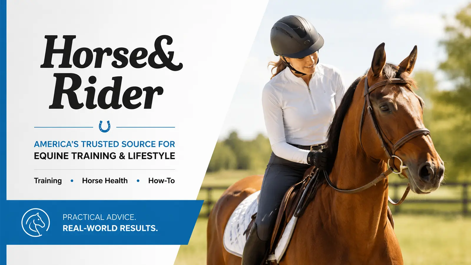 Horse&Rider equine lifestyle banner showing a rider mounted on a bay horse.