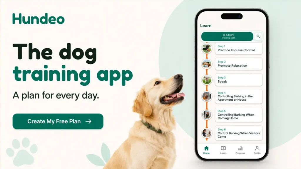Hundeo dog training app banner with a Labrador and daily lessons displayed on a smartphone.
